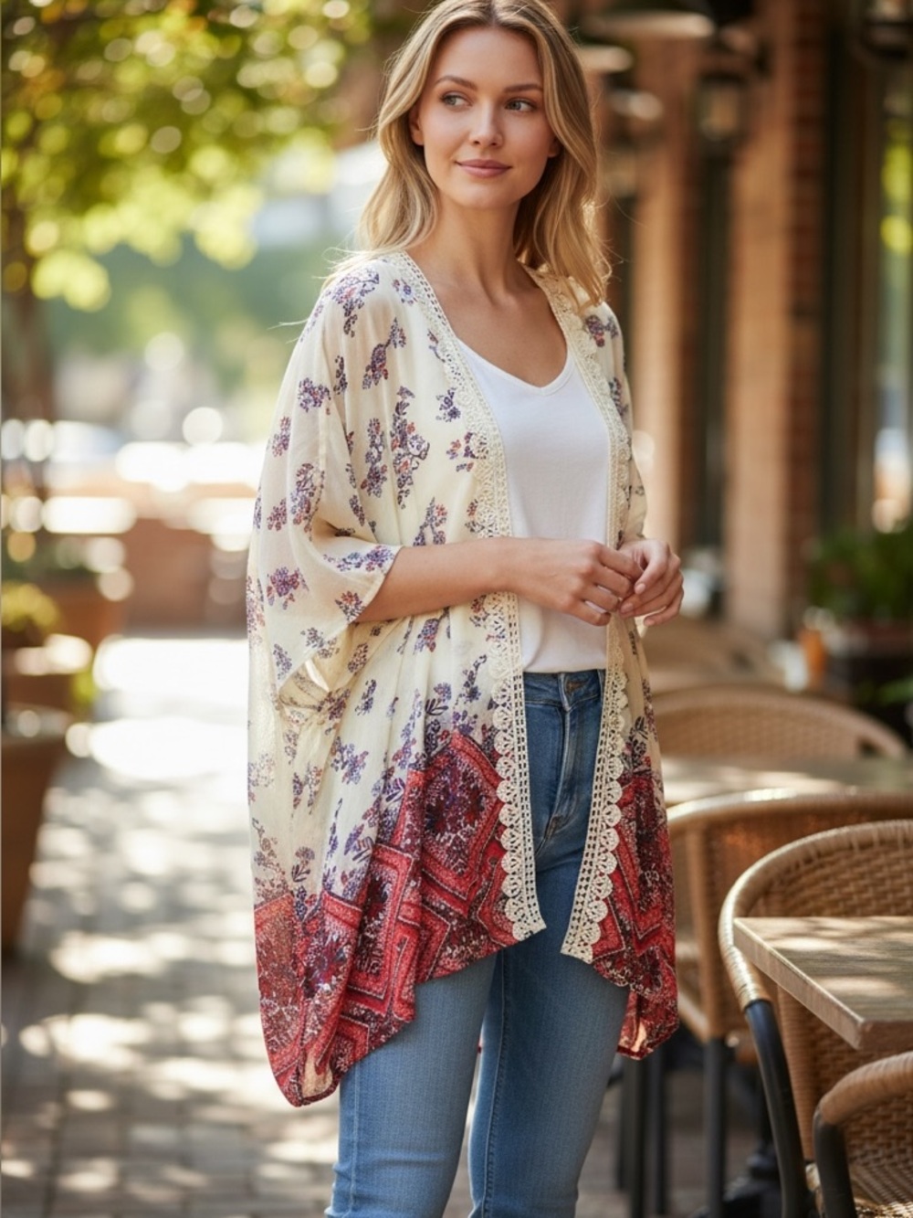 REWIND Semi Sheer Short Sleeve Floral Kimono medium